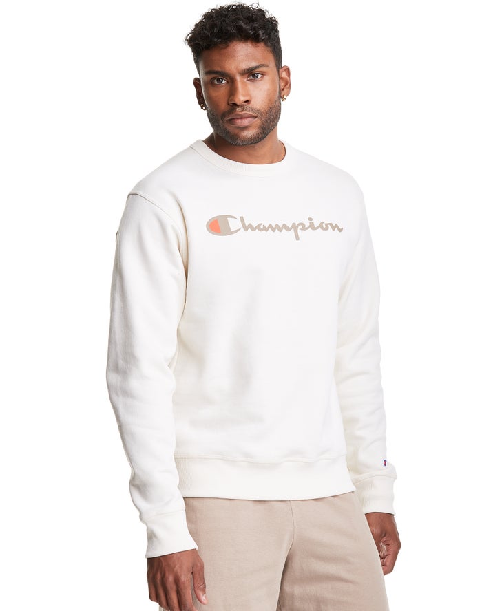 Champion Powerblend Fleece Crew Script Logo Sweatshirt Heren - Wit - Belgie 7234JHQBN